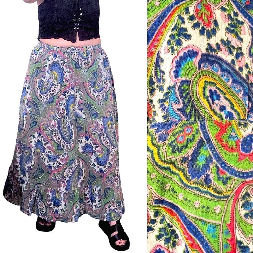 VTG Colorful Paisley Printed‎ Adjustable Waist Fairycore Cotton Maxi Skirt XL